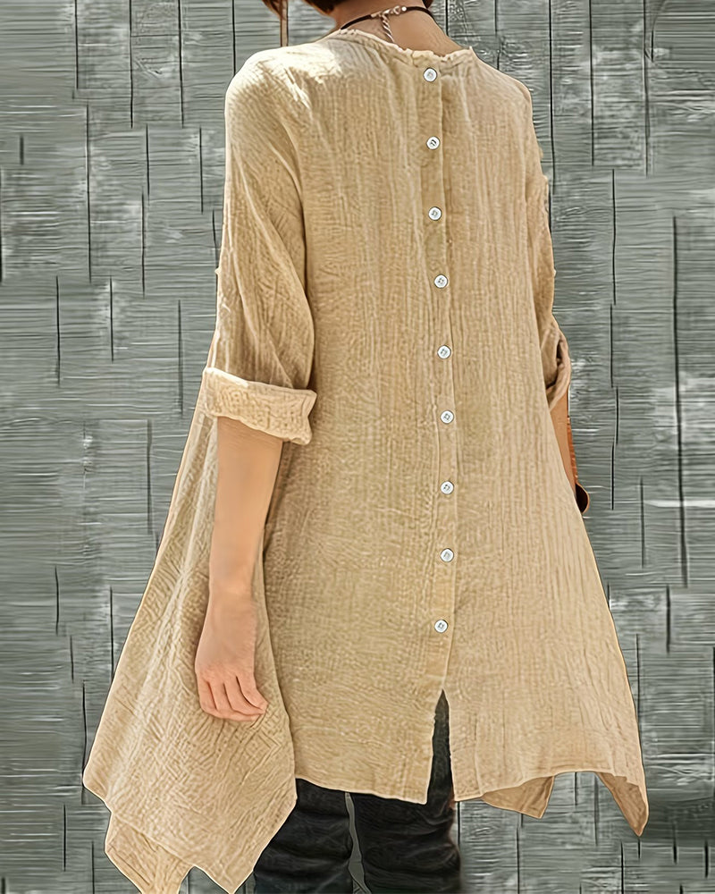 Asymmetrical Hem Button-Front Midi Blouse
