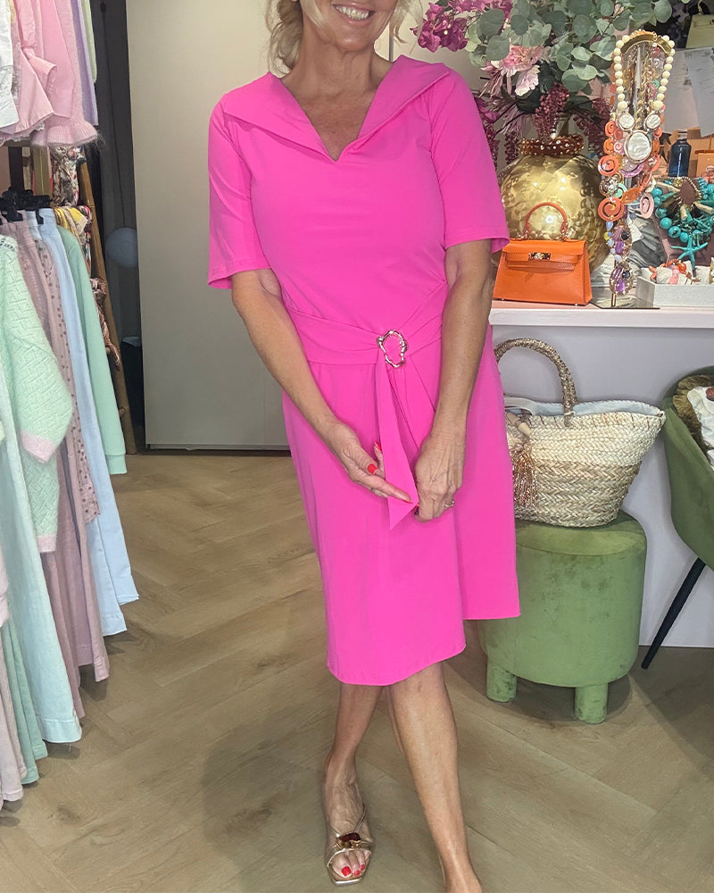 Solid Color Lapel V-Neck Waist Dress