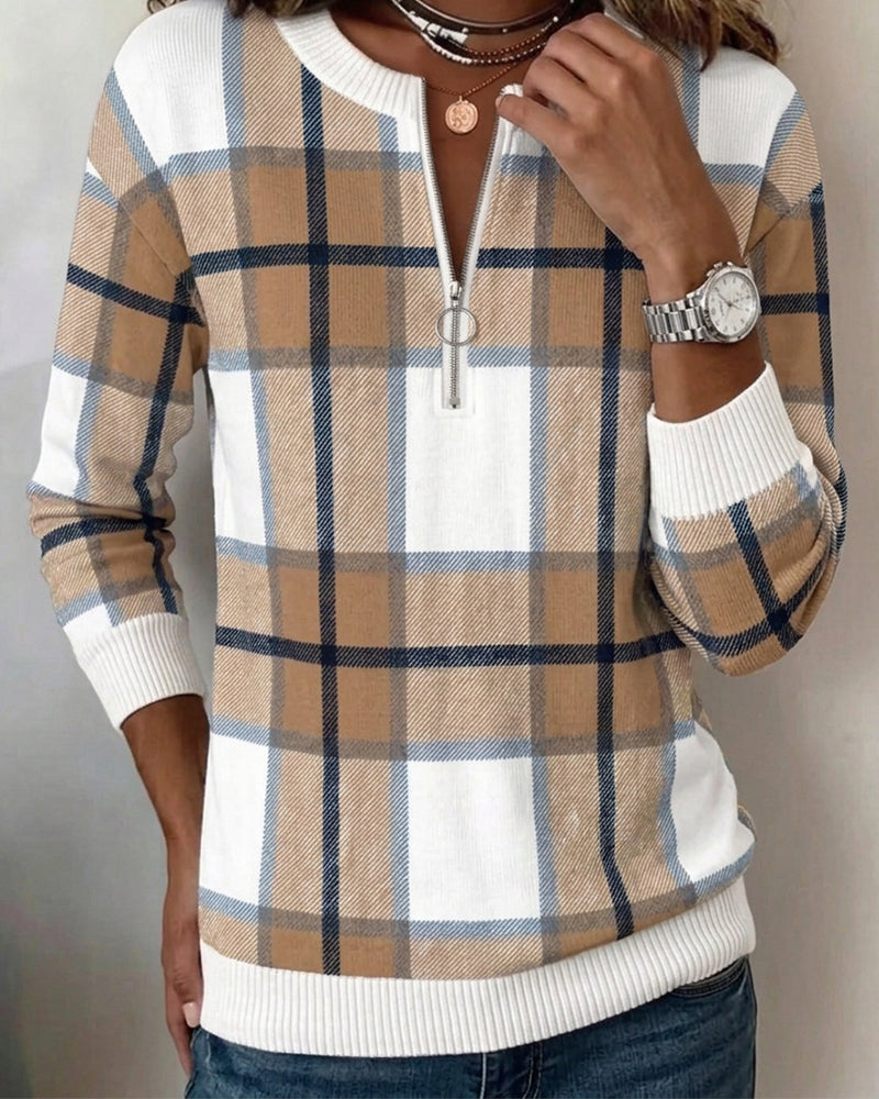 Plaid Half-Zip Crewneck Pullover Sweatshirt