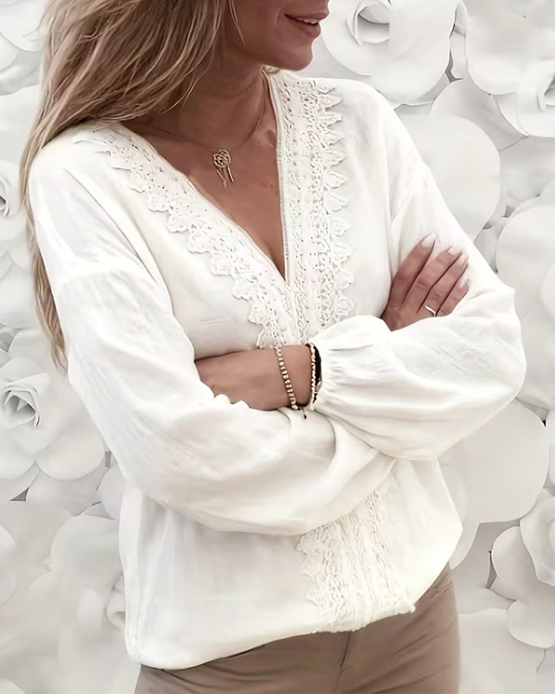 Elegant Lace Trim V-neck Blouse