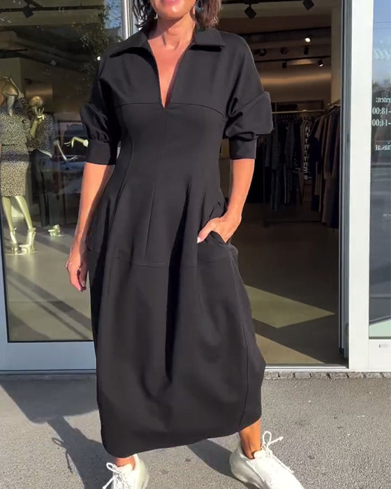 Lapel solid color casual dress