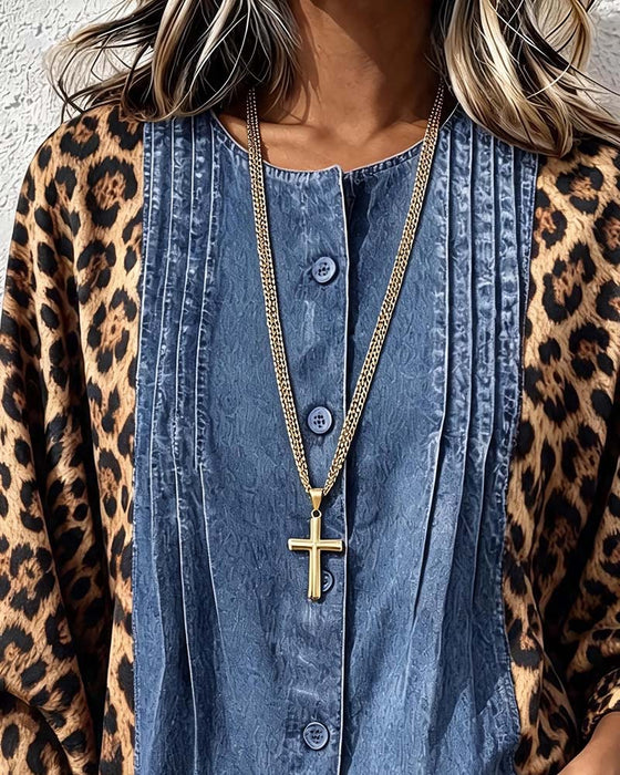 Crew Neck Button Leopard Denim Patchwork Blouse