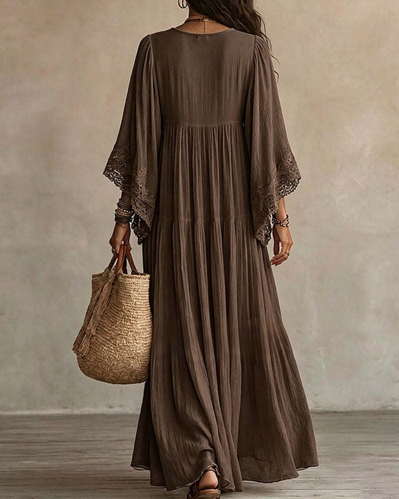 V-Neck Lace Patchwork Solid Color Dress