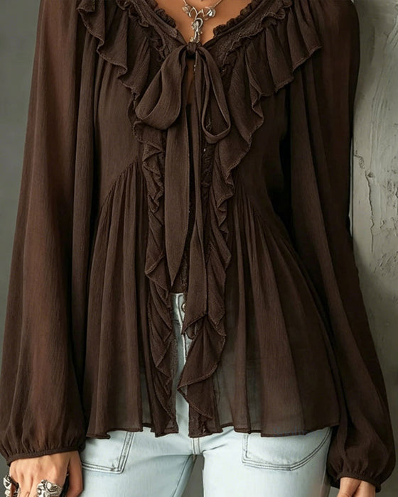 Ruffled V-Neck Tie Blouse