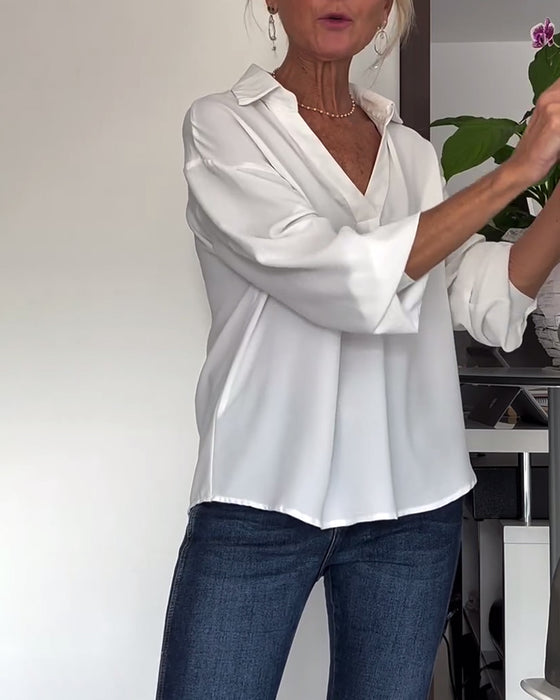 Simple solid color lapel long sleeve top