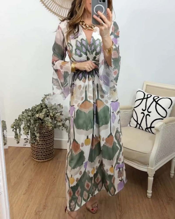 Elegant printed V-neck flare sleeves long dress