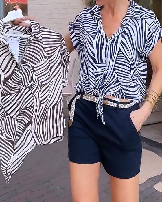 Zebra Print Lapel Short Sleeve Blouse