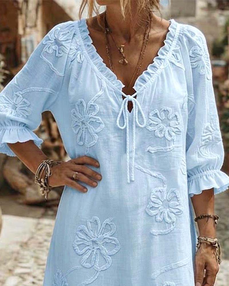 V-Neck Ruffle Tie 3D Floral Dresses