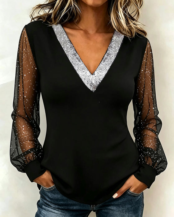 Stylish V-Neck Patchwork Long Sleeve Blouse
