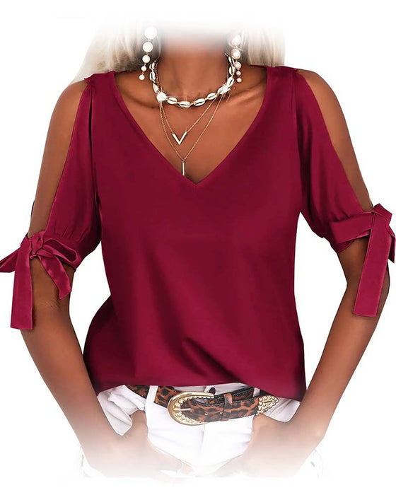 V-Neck Cold Shoulder Bowknot Solid Color Blouse