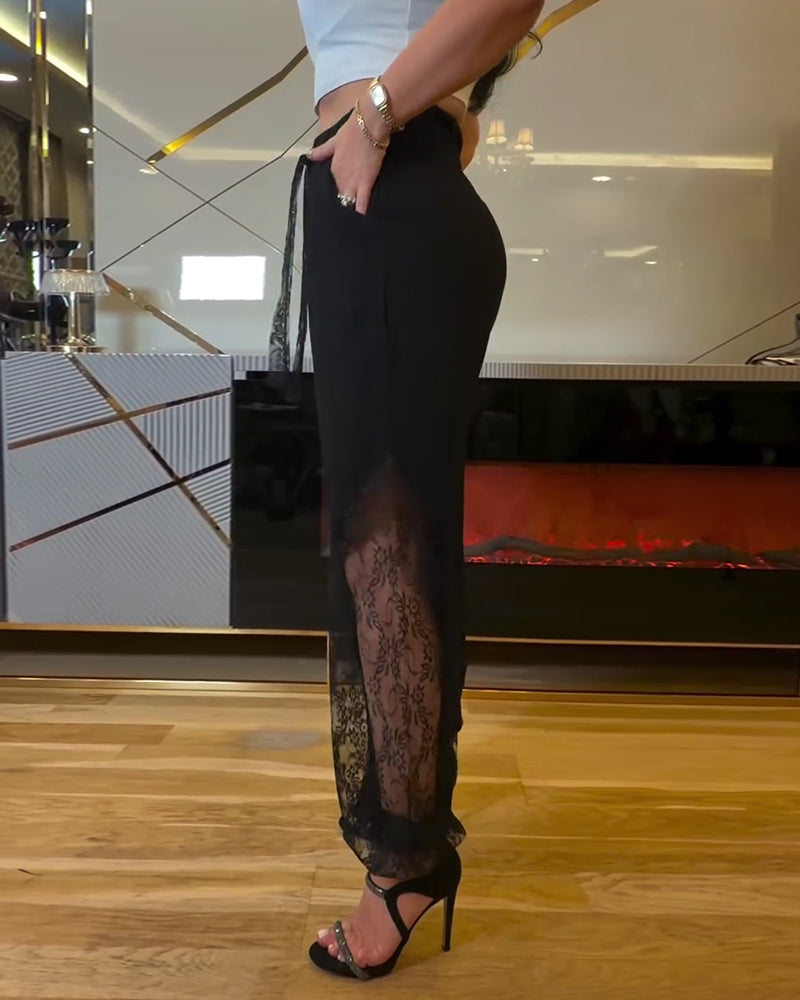 Elastic Waist Lace-Paneled Pants
