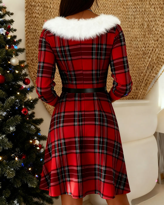 Plush V-Neck Plaid Dress