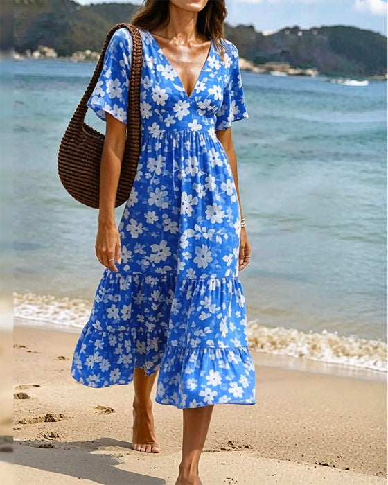 Deep V-Nee Pleated Print Dresses