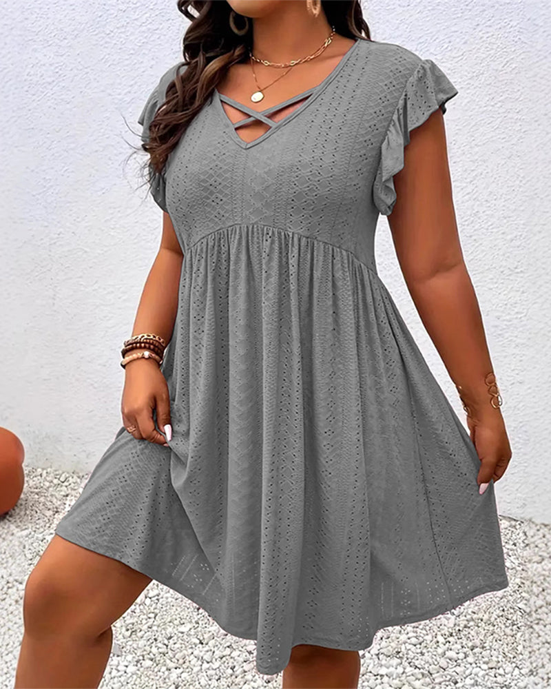 Solid Color Hollow-Out Lotus Leaf Sleeve Dress