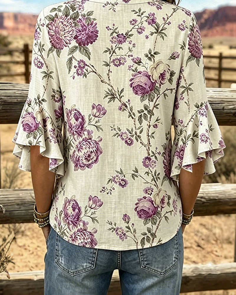 Rose Print Bell Sleeve Blouse