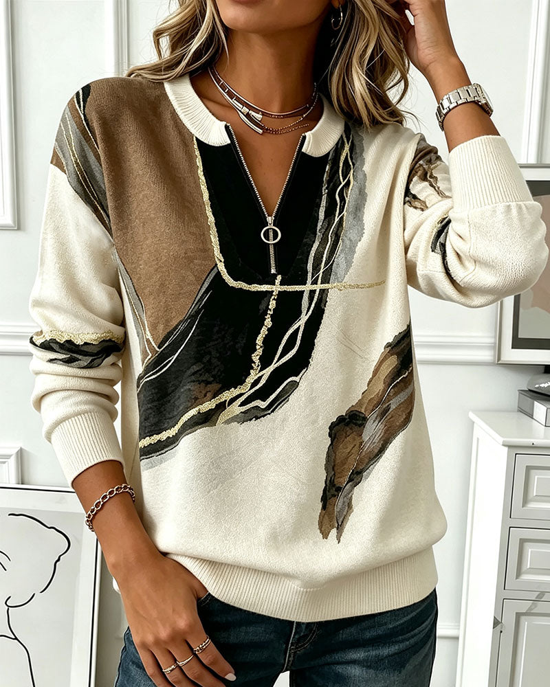 Round Neck Printed Half-Zip Sweatshirt