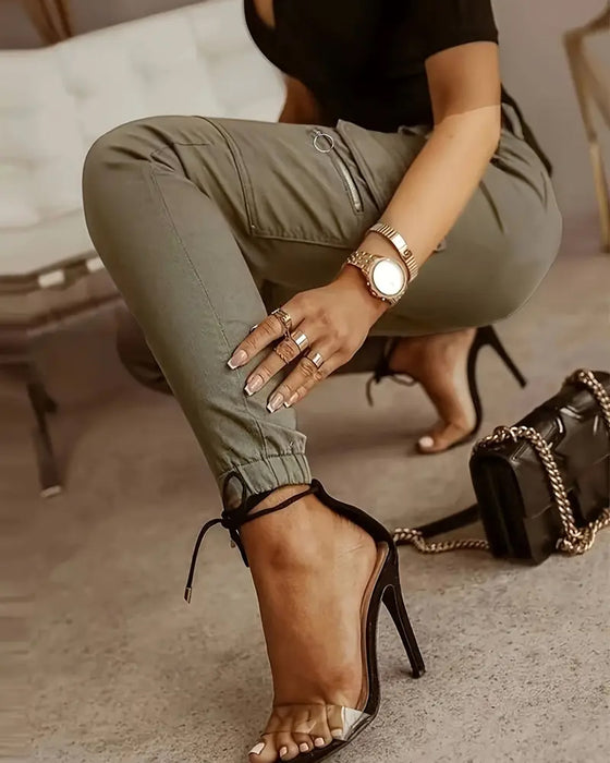 Mid-Waist Pocket Cuffed Cargo Pants