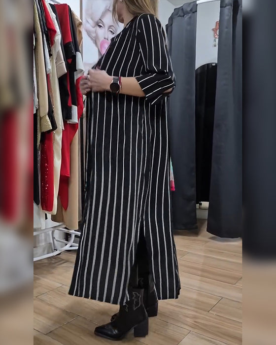 Shirt Collar Button Stripe Slit Coat