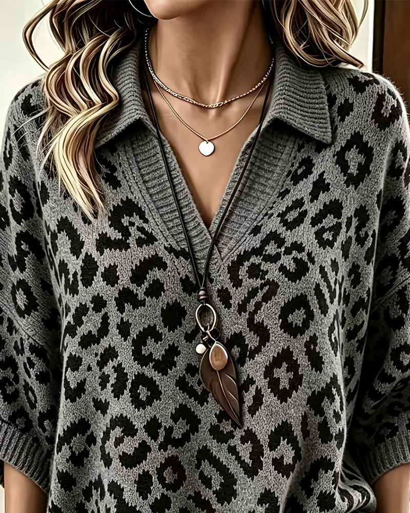 Collared V-Neck Leopard Print Half-Sleeve Sweater Pullover
