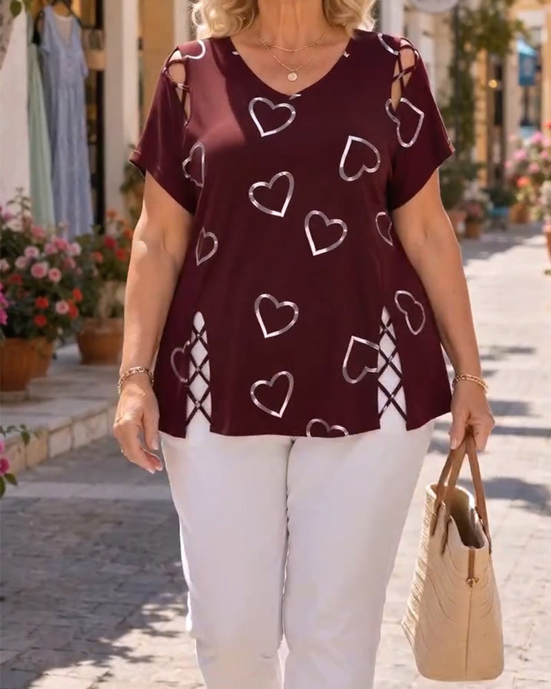 Heart Pattern Hollow Short-Sleeved T-Shirt