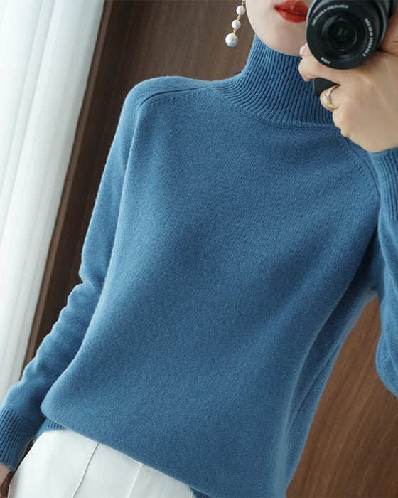 Simple solid color high collar long sleeve sweater