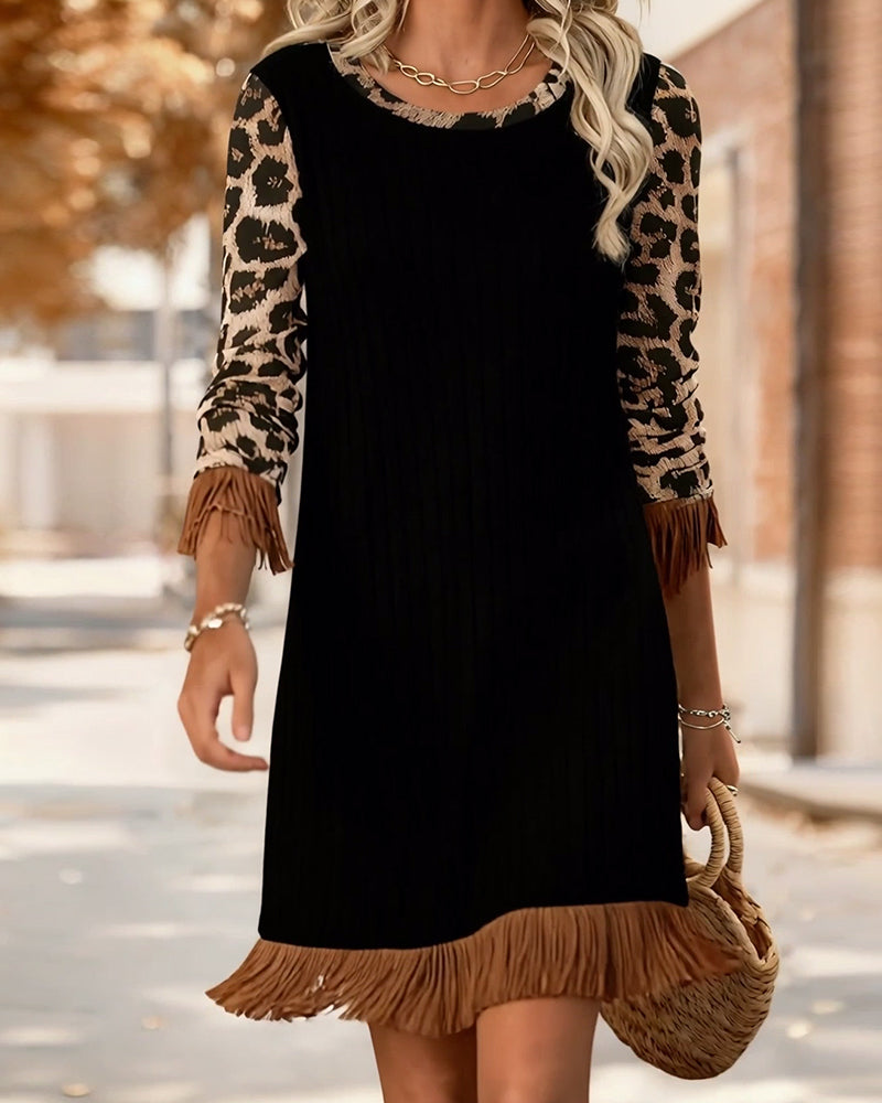 Casual Leopard Print Tassel Round Neck Dress