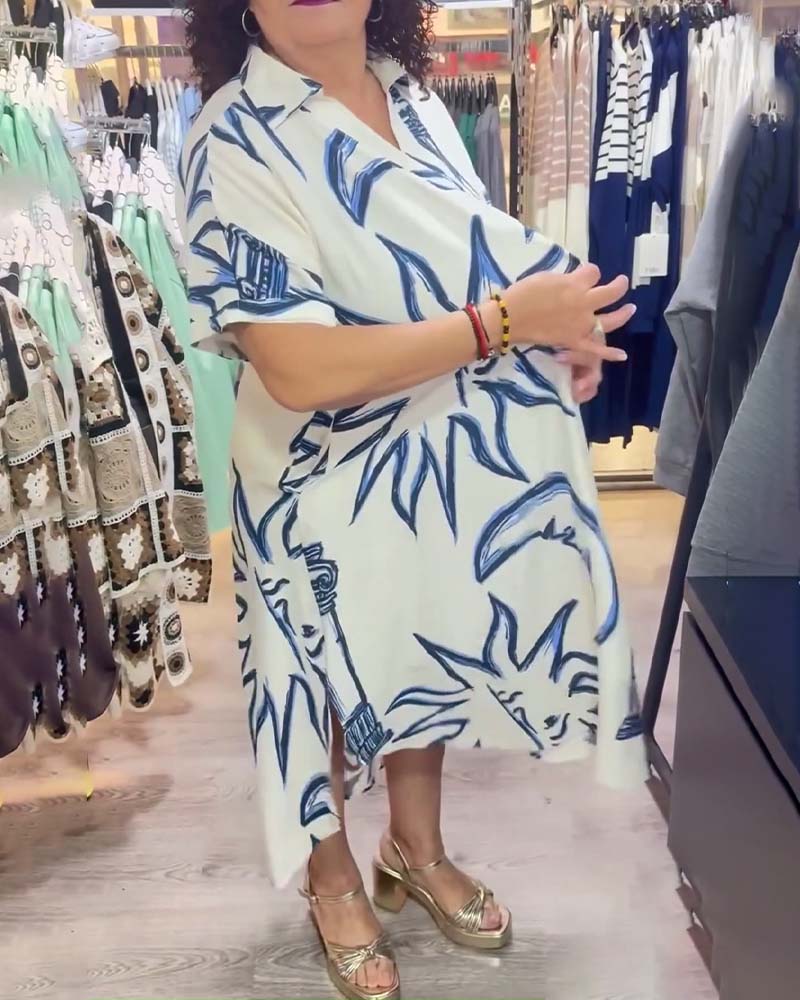Lapel Printed Loose Casual Dress