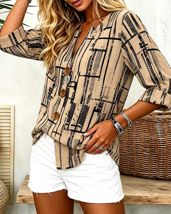 V-Neck Button-Down Striped Blouse