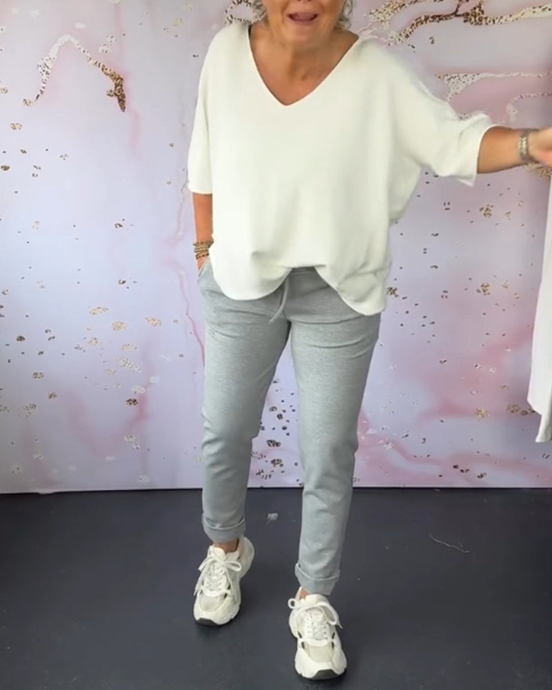 Casual solid color pocket drawstring pants