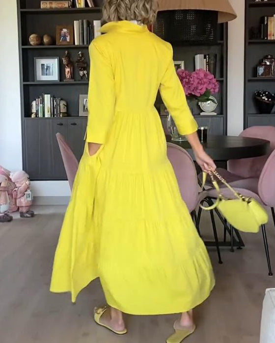 Casual solid color lapel pocket patchwork dress