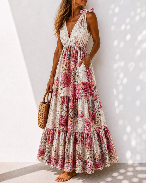 Floral Tie V-Neck Tiered Dress