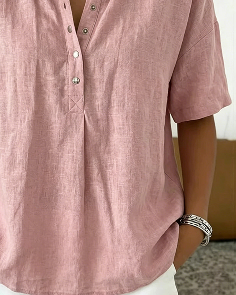 Peter Pan Collar Short-Sleeve Button-Up Blouse