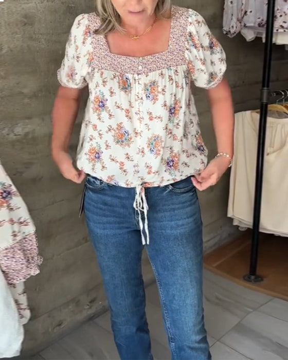 Print square neck short sleeve top