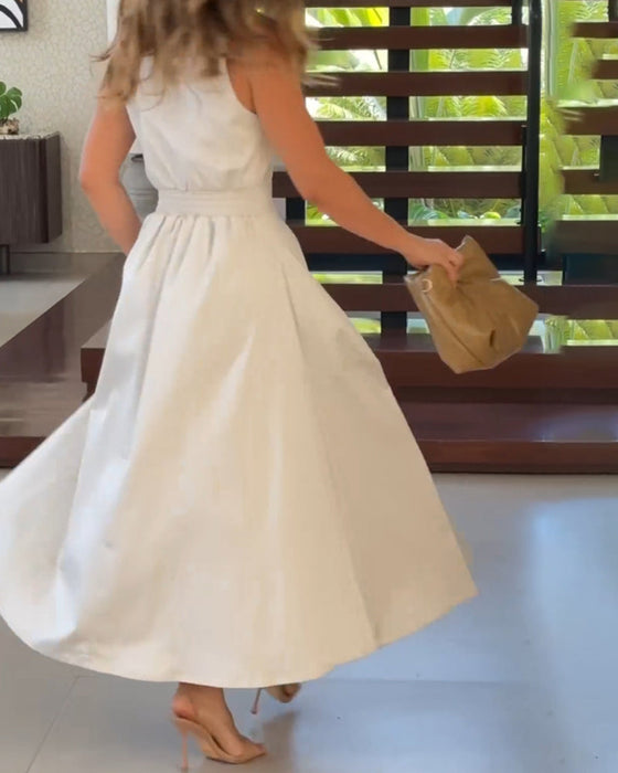 Sleeveless lapel elegant solid color dress