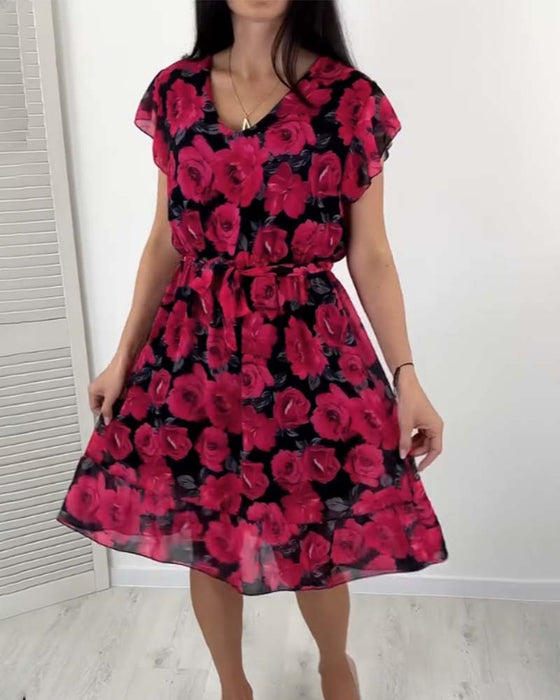 Short-sleeved rose print dress