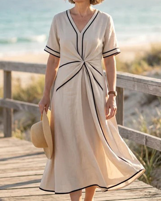 V-Neck Twist Line Full Skirt Dress