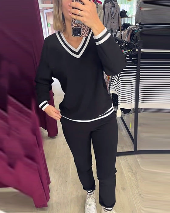 V-neck contrast striped casual suit