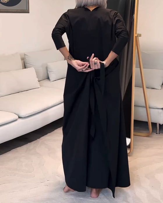 Fashion solid color pleated lace-up round neck dress