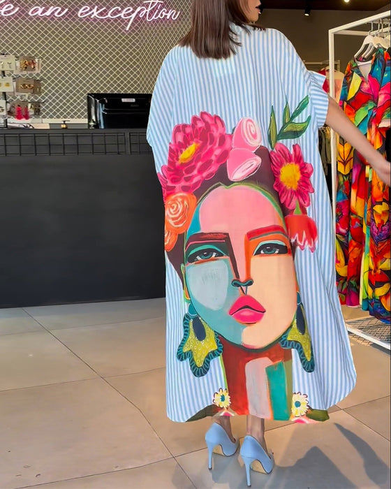 Vertical striped character print lapel slit blouse