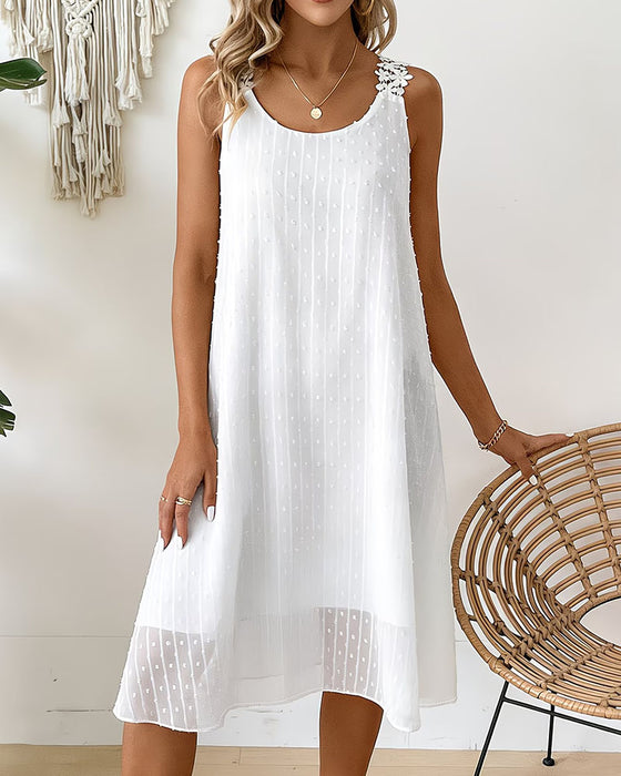 Dot Jacquard Floral Lace Strap Tank Dress