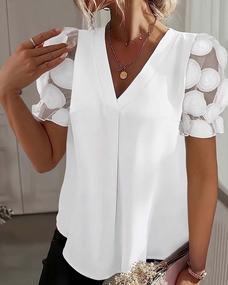 Puff Sleeve Mesh V-Neck Blouse