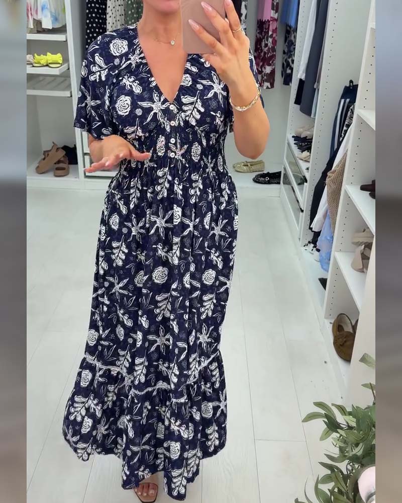 V-Neck Loose Printed Long Dress