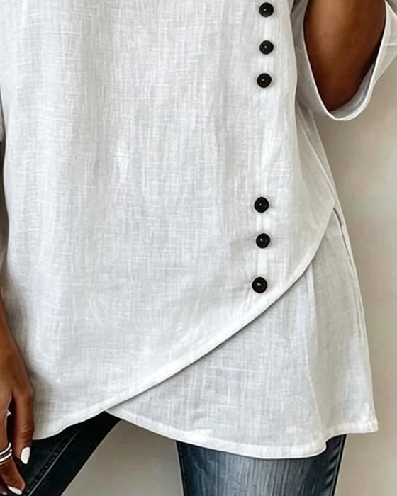 Button Asymmetrical Placket V-Neck Irregular Hem Blouse