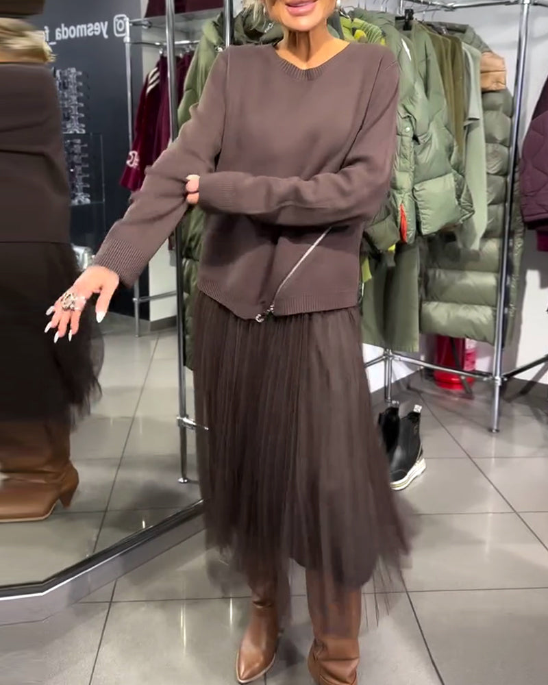 Zippered Stylish Crew Neck Sweater Set