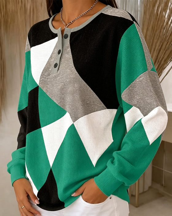 Crew Neck Button Color Block Casual Top