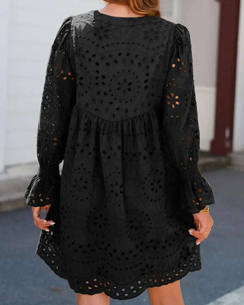 Hollow-Out Long-Sleeve Tie-Waist A-Line Dress