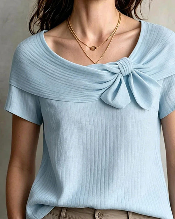 Lapel Bow Short-Sleeve Top