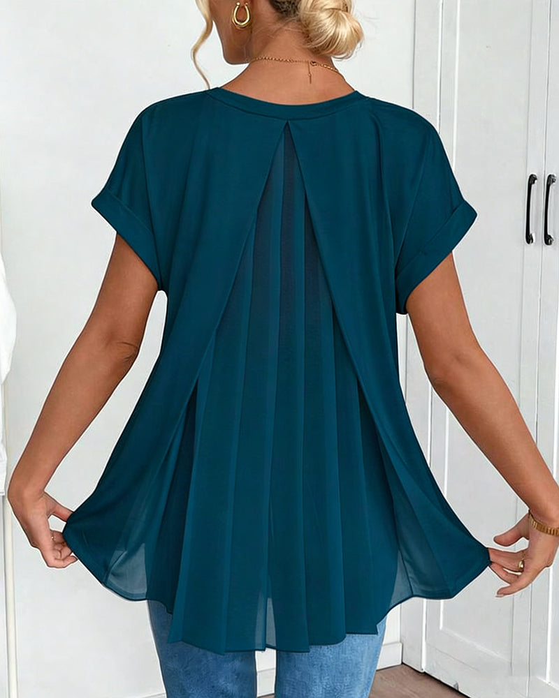 Short-Sleeved Solid Color Patchwork T-Shirt