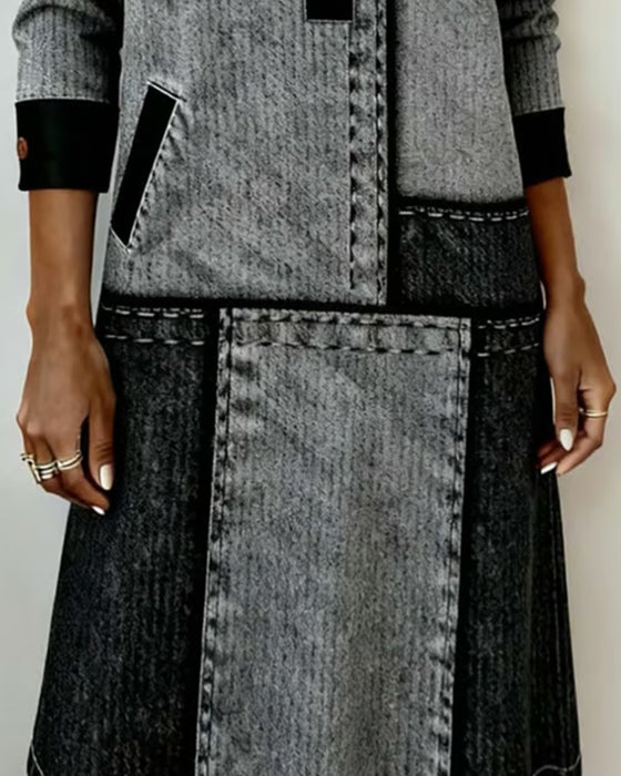 Button Lapel V-Neck Color Block Fashion Dress