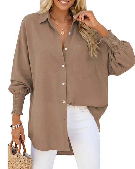 Loose Pocket Solid Elastic-Cuff Blouse